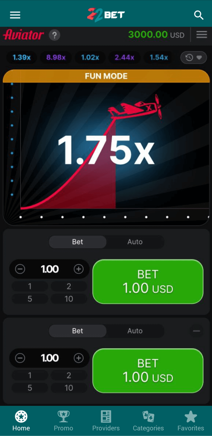 Screenshot of 22bet Aviator app homepage