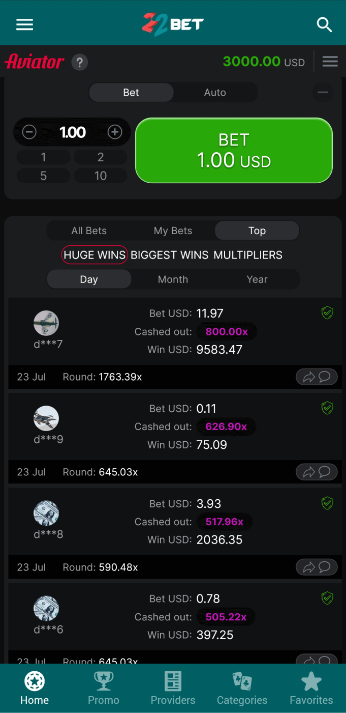 Screenshot of the big winnings section of the 22bet Aviator app