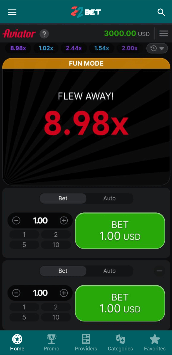 Screenshot of an unsuccessful round in the 22bet Aviator app