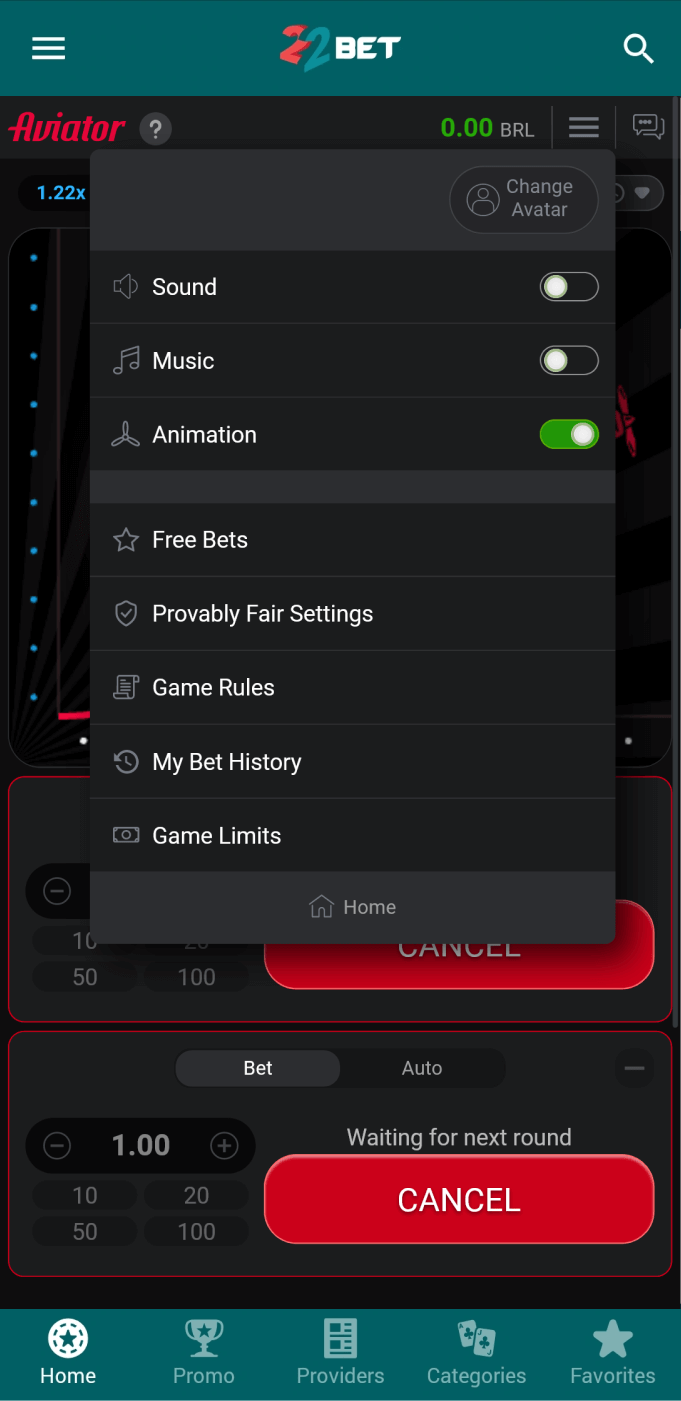 Screenshot of the menu in the 22bet Aviator app