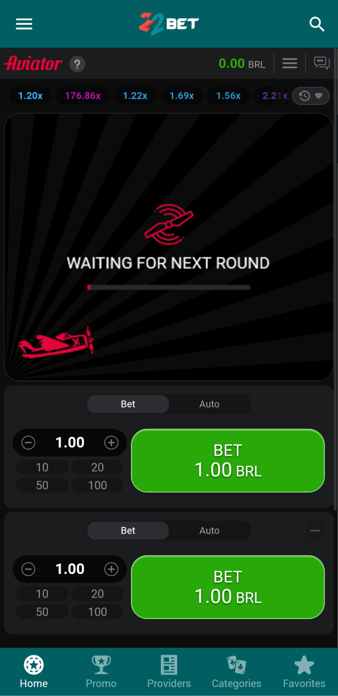 Screenshot of waiting for a new round in the 22bet Aviator app