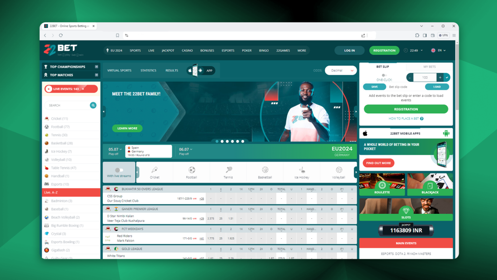 Screenshot of the main page of 22bet website