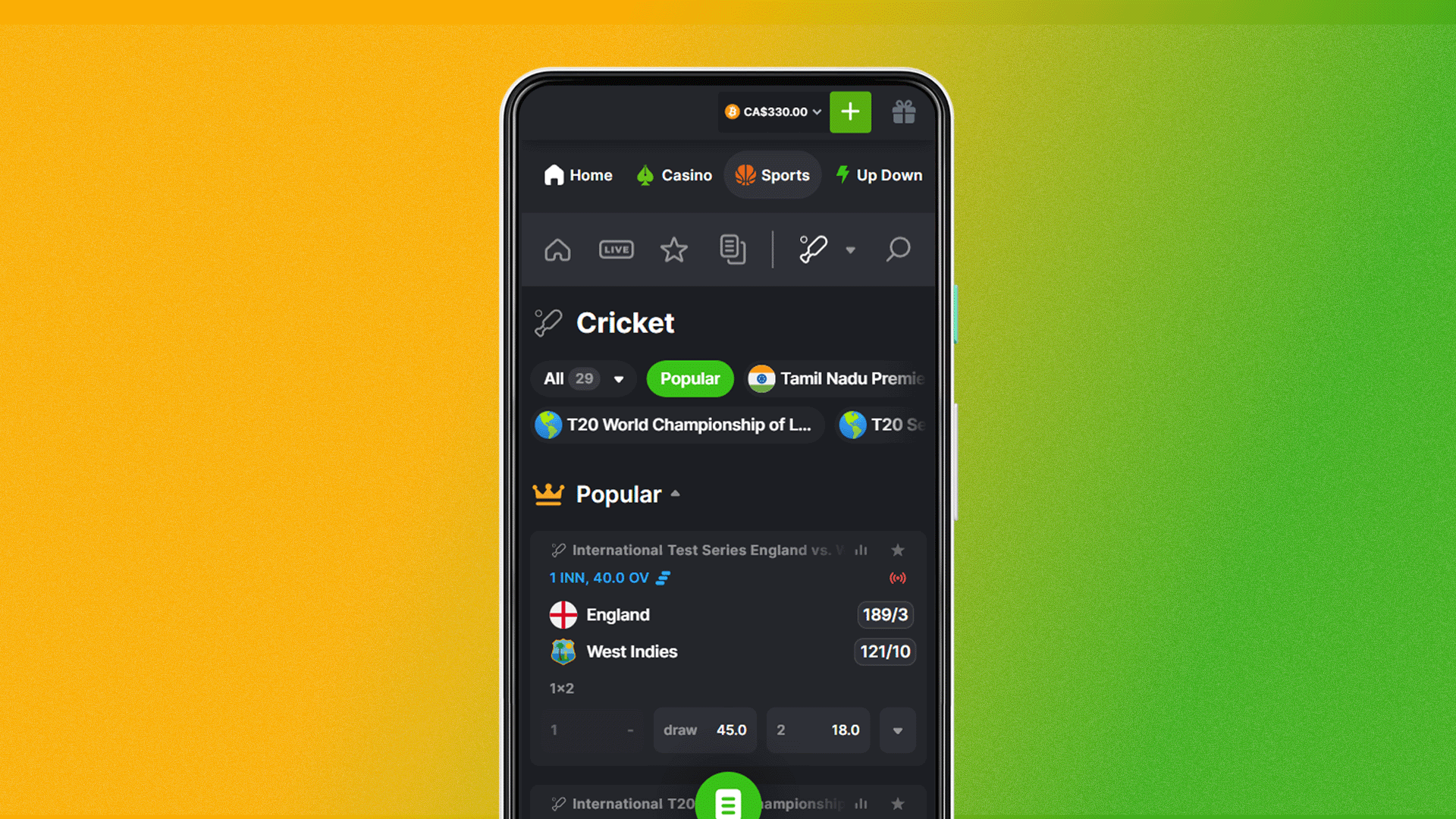 To place a bet find the cricket match you are interested in