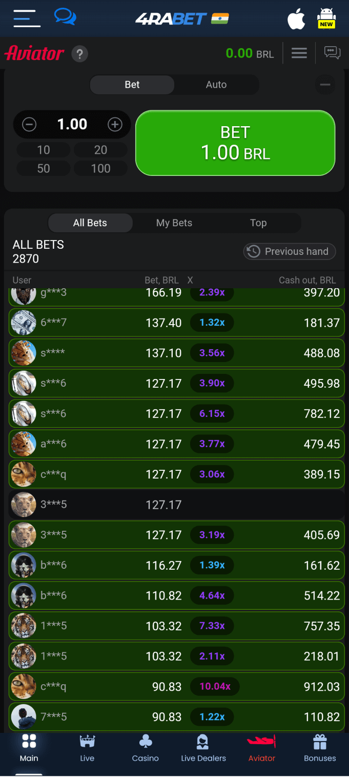 Screenshot of all bets in 4rabet Aviator app