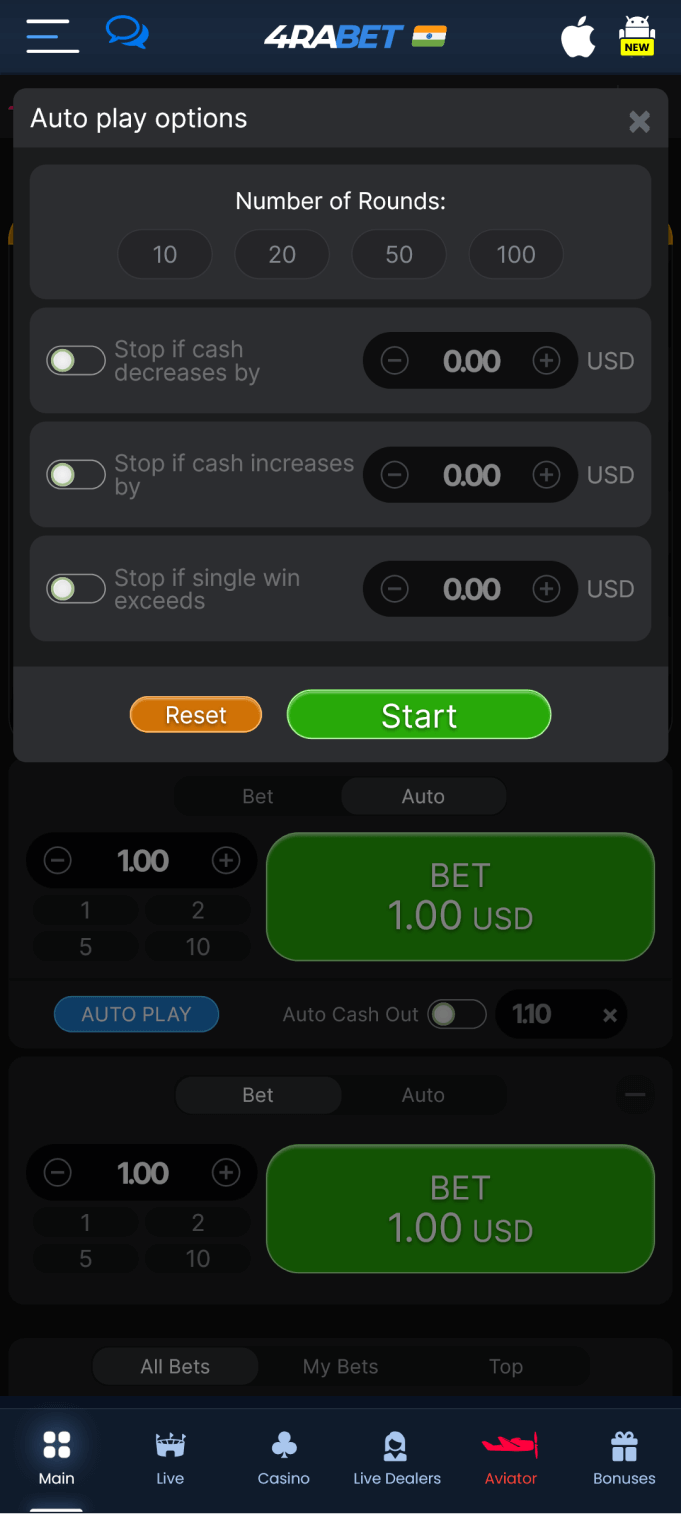 Screenshot of auto play options in 4rabet Aviator app