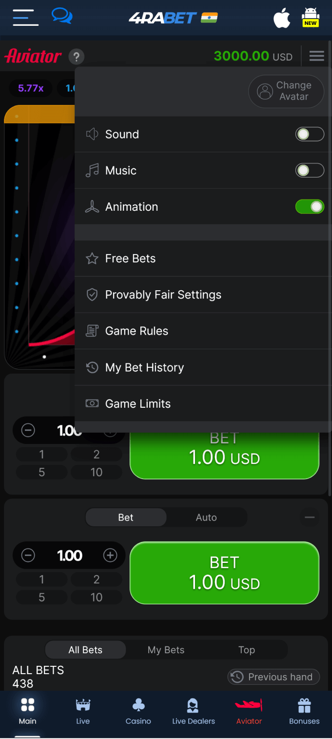 Screenshot of the menu in the 4rabet Aviator app
