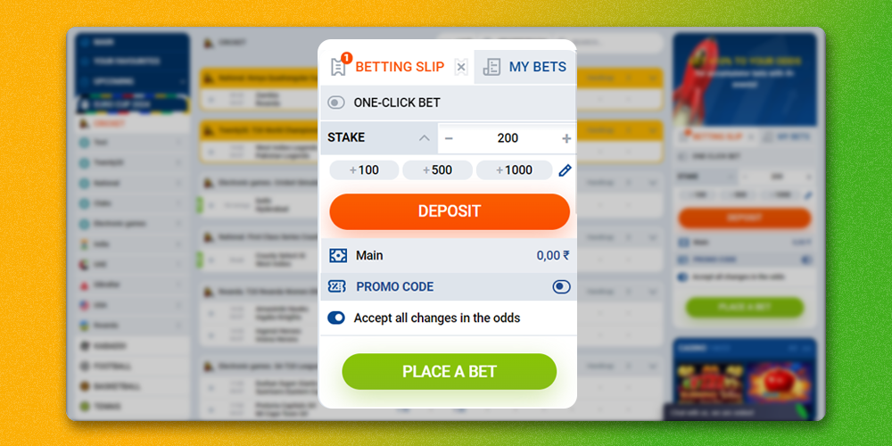 In order to bet on cricket, after selecting the event and the odds to win, you need to click to bet