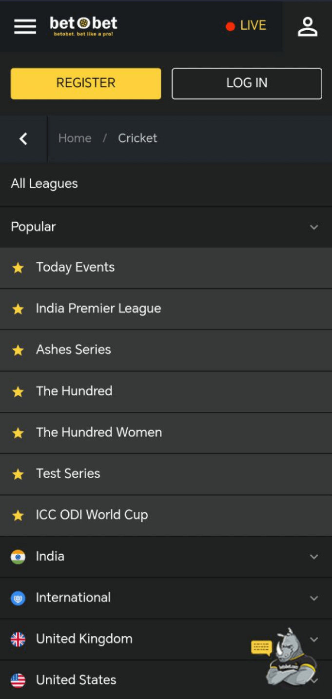 Screenshot of the cricket section of the Betobet app