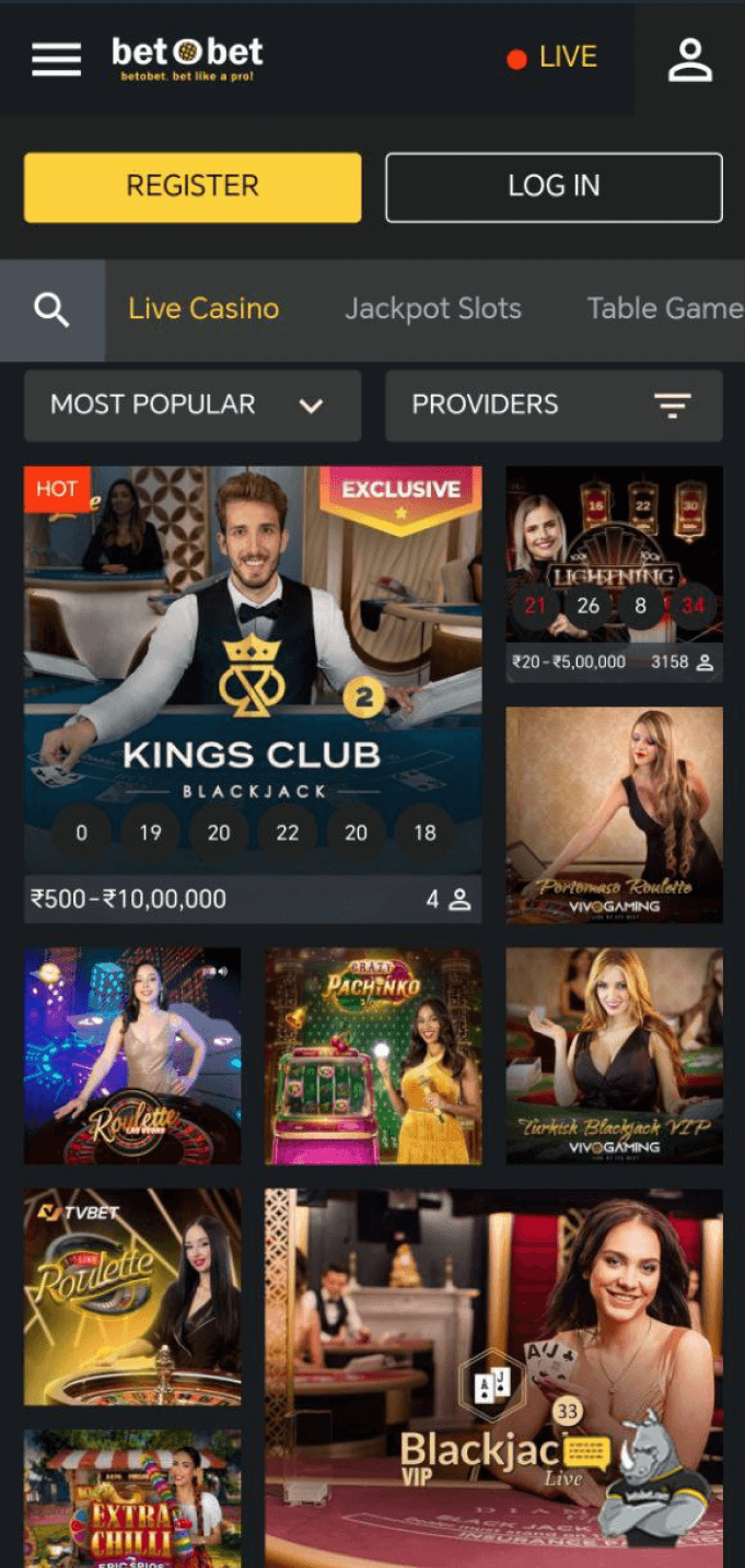 Screenshot of the live casino section of the Betobet app