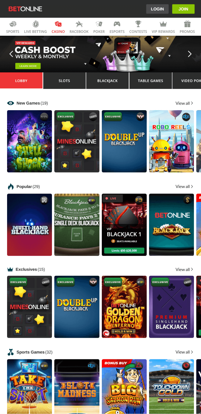 Screenshot of the casino games section of the BetOnline app