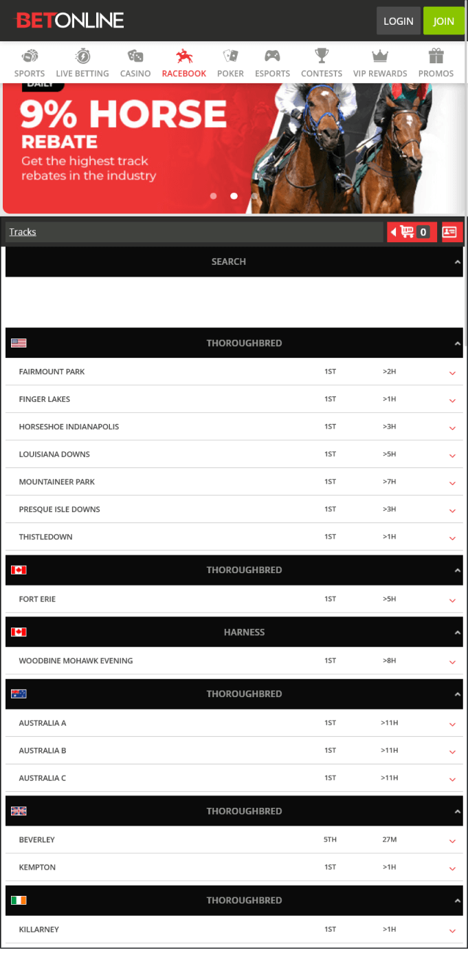 Screenshot of the horse racing section of the BetOnline app