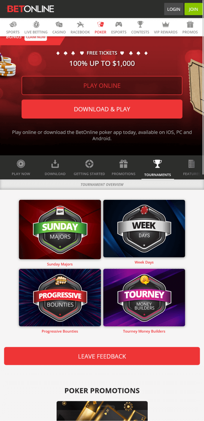 Screenshot of the poker section of the BetOnline app