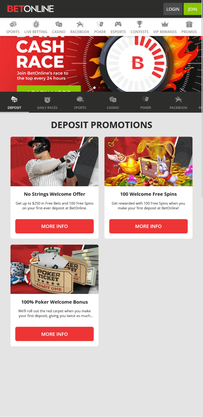 Screenshot of the promotion section in the BetOnline app