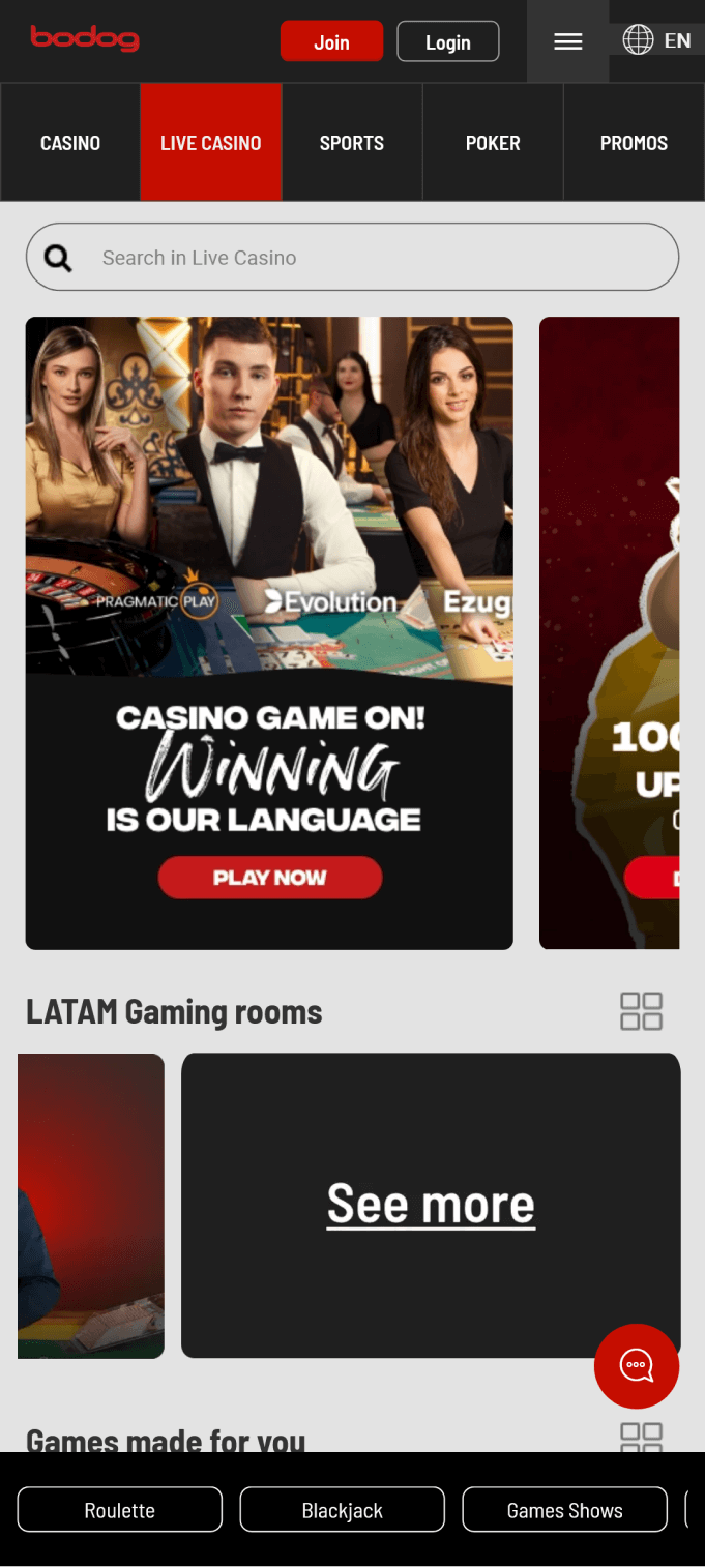 Screenshot of the live casino section in the Bodog app