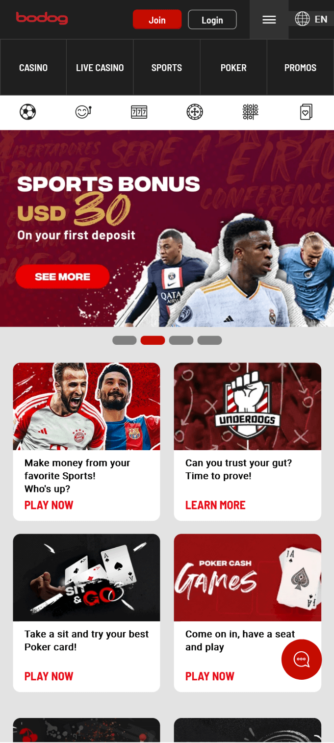 Screenshot of the Bodog app home page