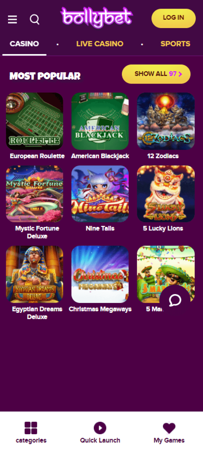 Screenshot of the casino section of the Bollybet app