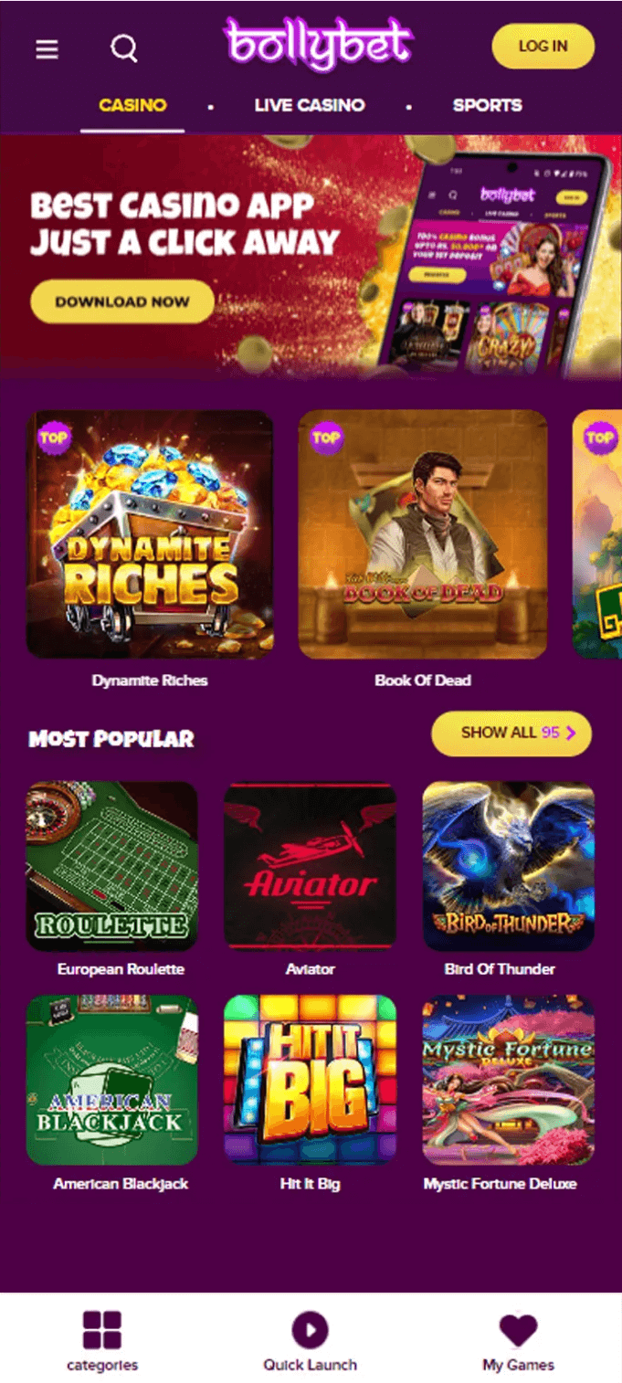 Screenshot of the home page in the Bollybet app