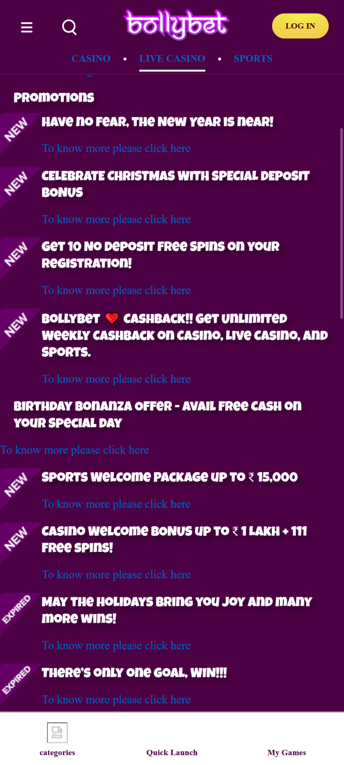 Screenshot of the promotion section in Bollybet app