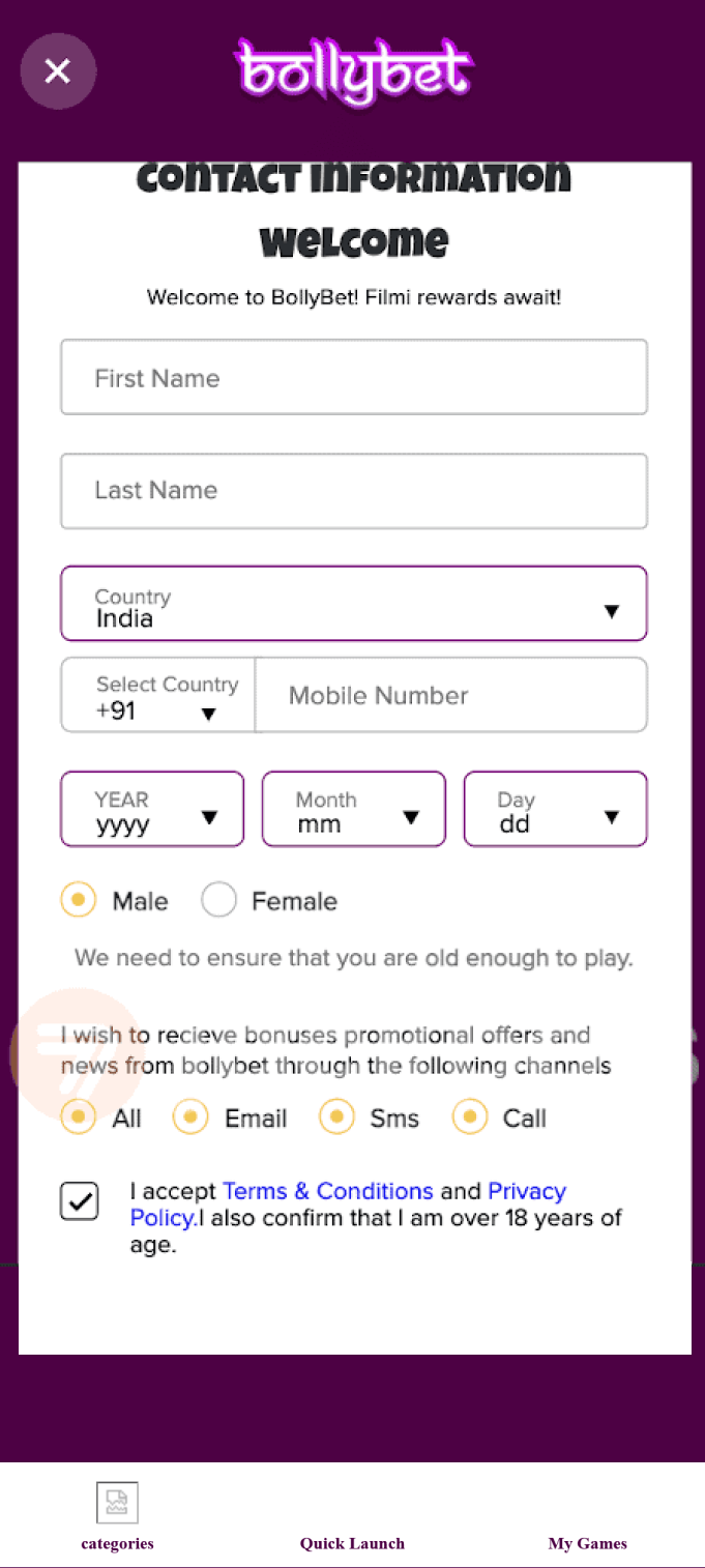 Screenshot of Bollybet app registration