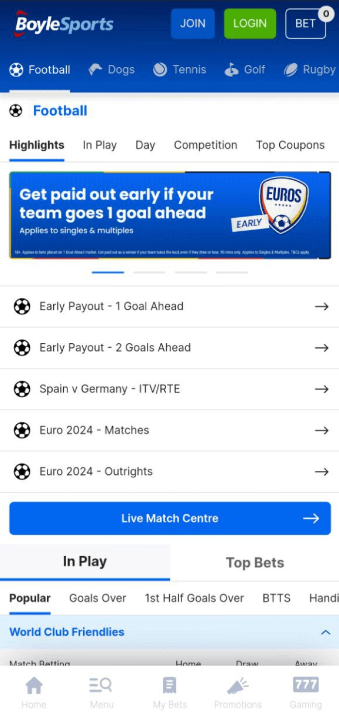 Screenshot of the soccer section of the Boylesports app