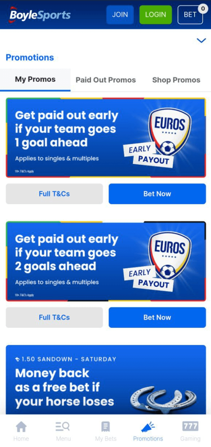 Screenshot of the bonus section in the Boylesports app