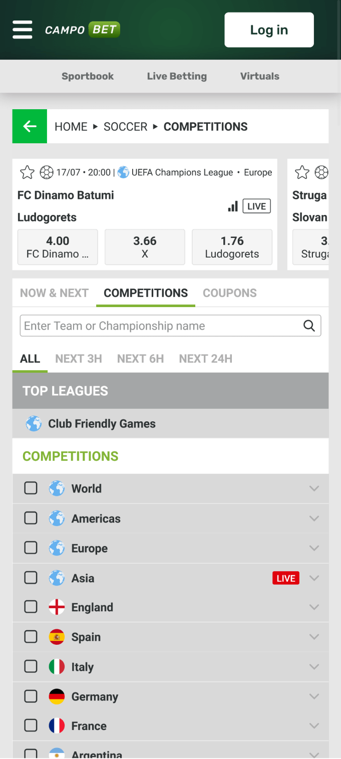 Screenshot of the soccer section in the Campobet app