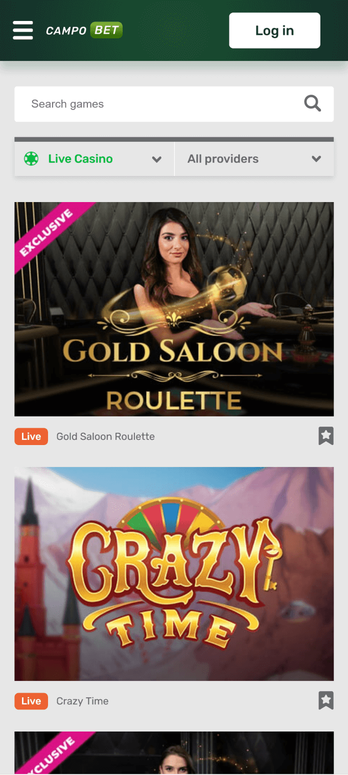 Screenshot of the live casino section of the Campobet app