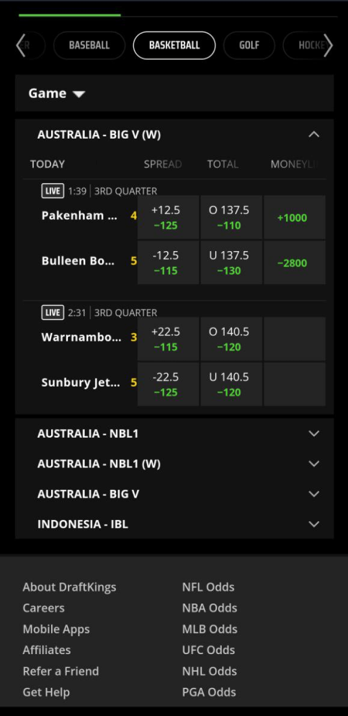 Screenshot of the basketball section of the Draftkings app