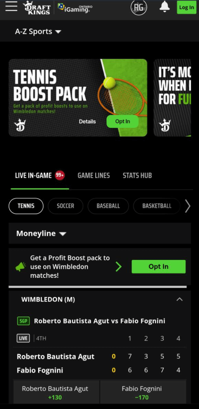 Screenshot of the main page of the Draftkings app