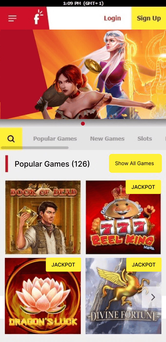 Screenshot of the Funbet app homepage