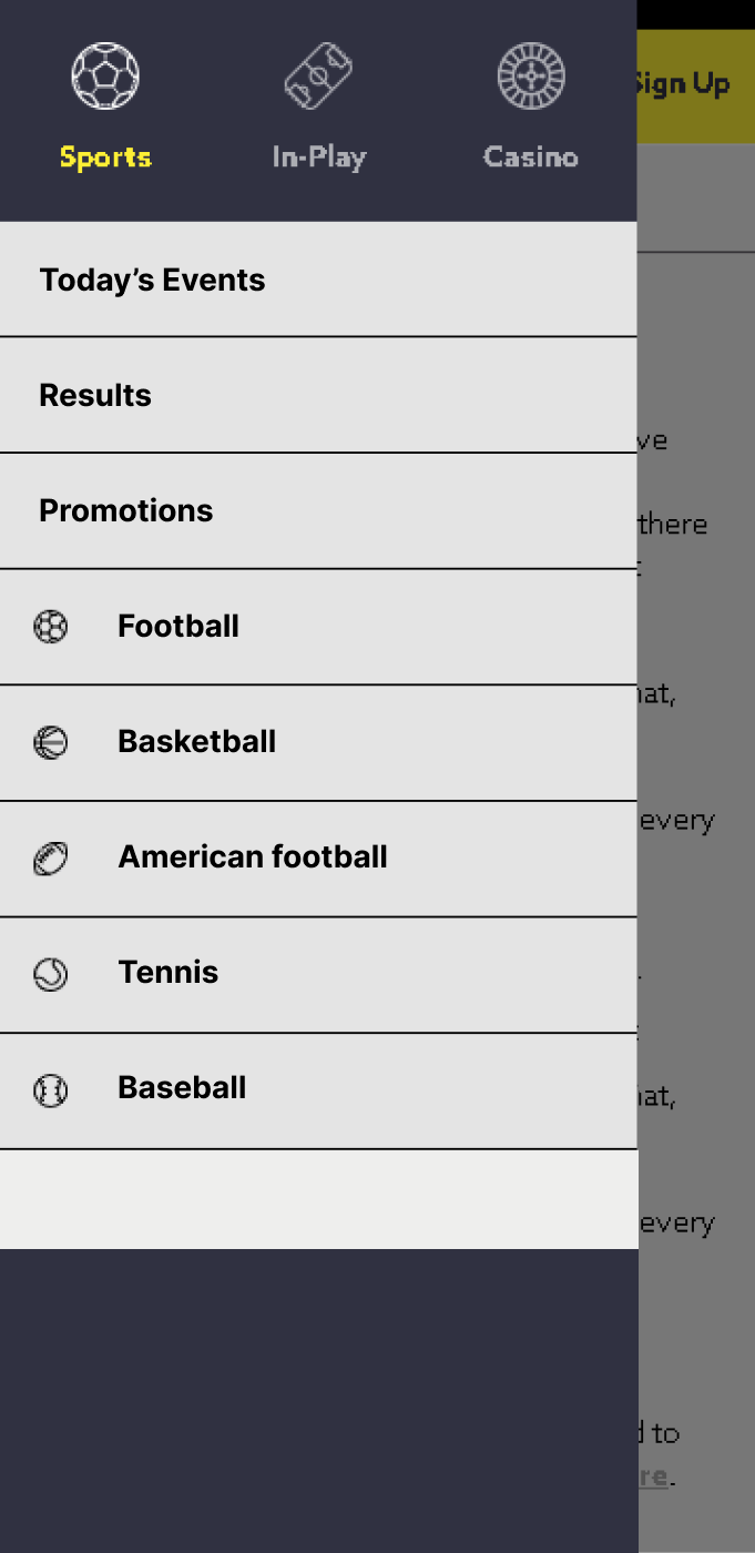 Screenshot of the menu in the Funbet app