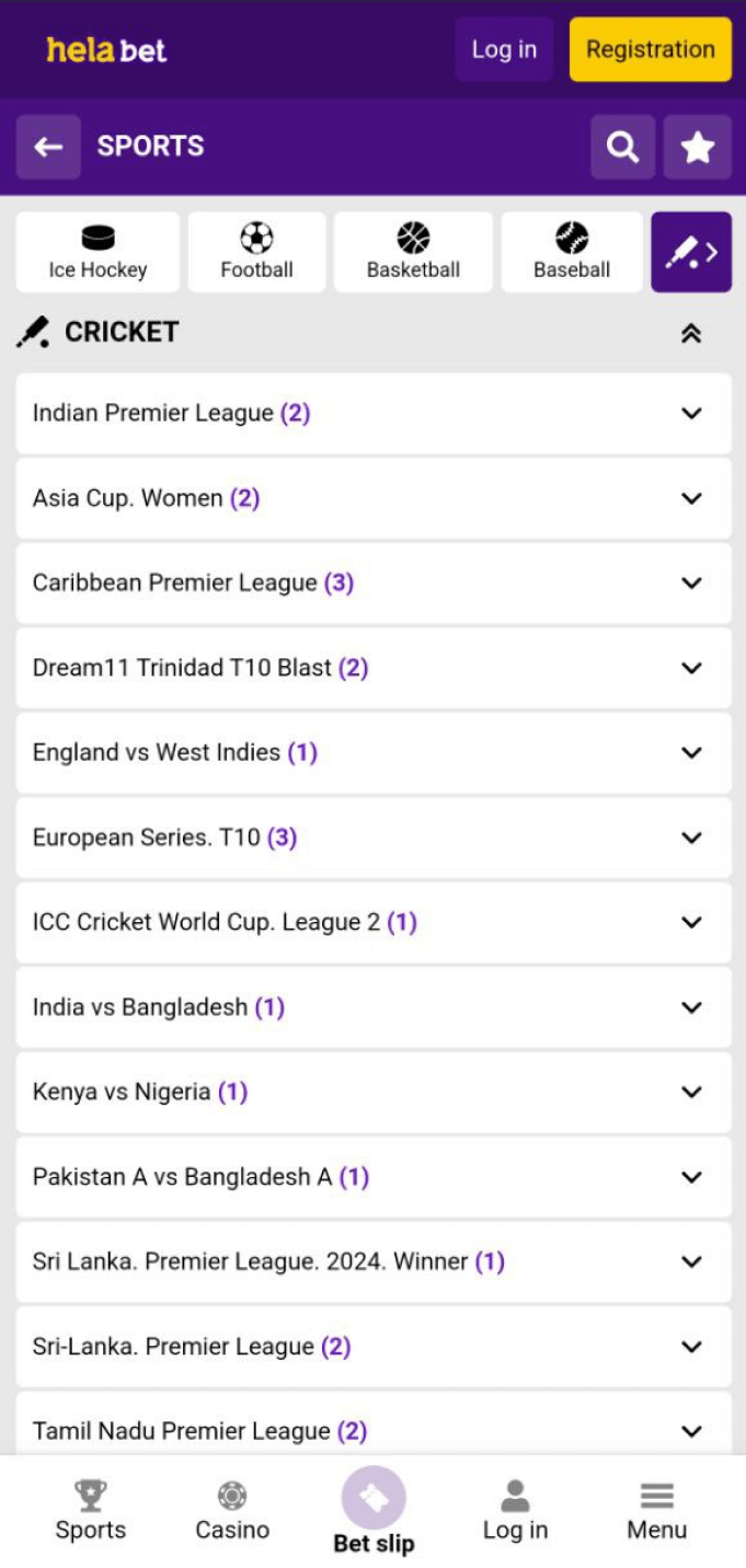 Screenshot of the cricket section of the Helabet app