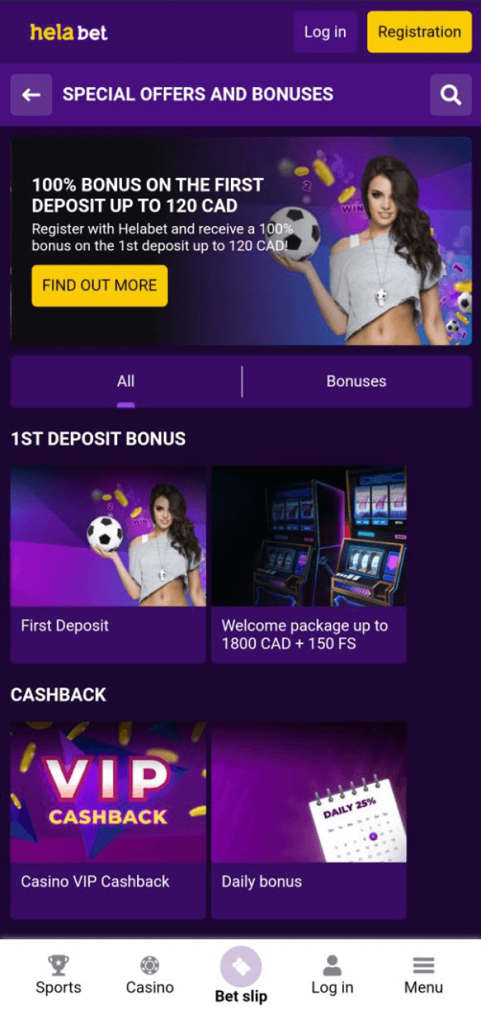 Screenshot of the promotion section of the Helabet app