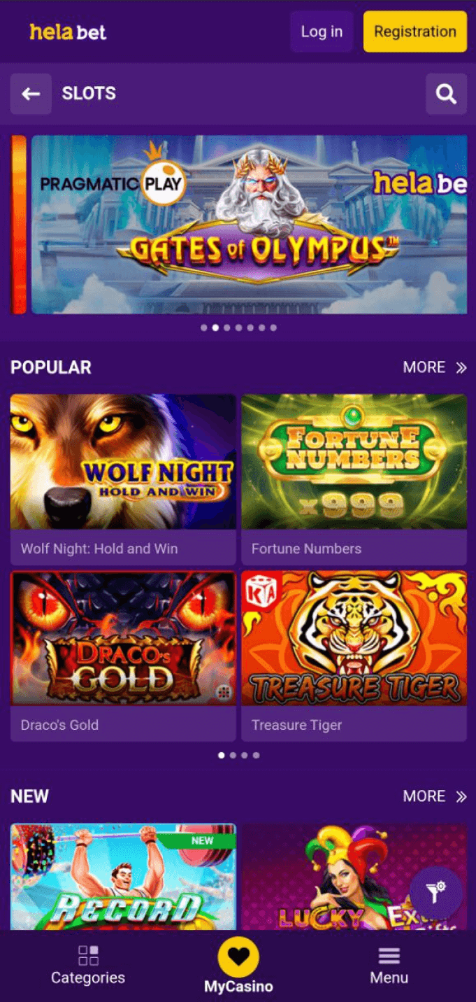 Screenshot of the slots section of the Helabet app