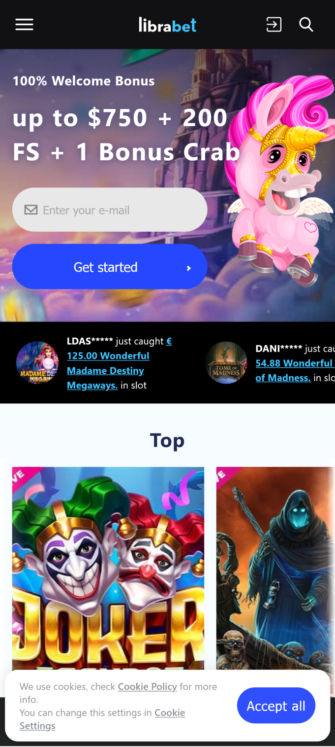 Screenshot of the casino section of the Librabet app