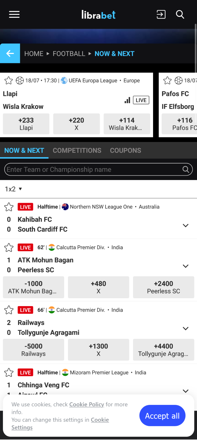Screenshot of the football section in the Librabet app