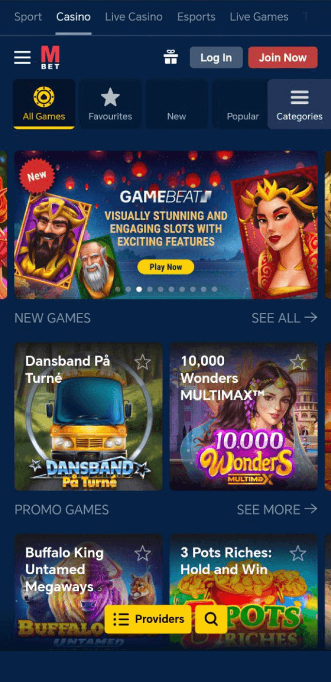 Screenshot of the casino section of the Marathonbet app