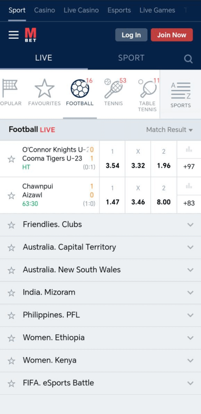 Screenshot of the soccer section in the Marathonbet app