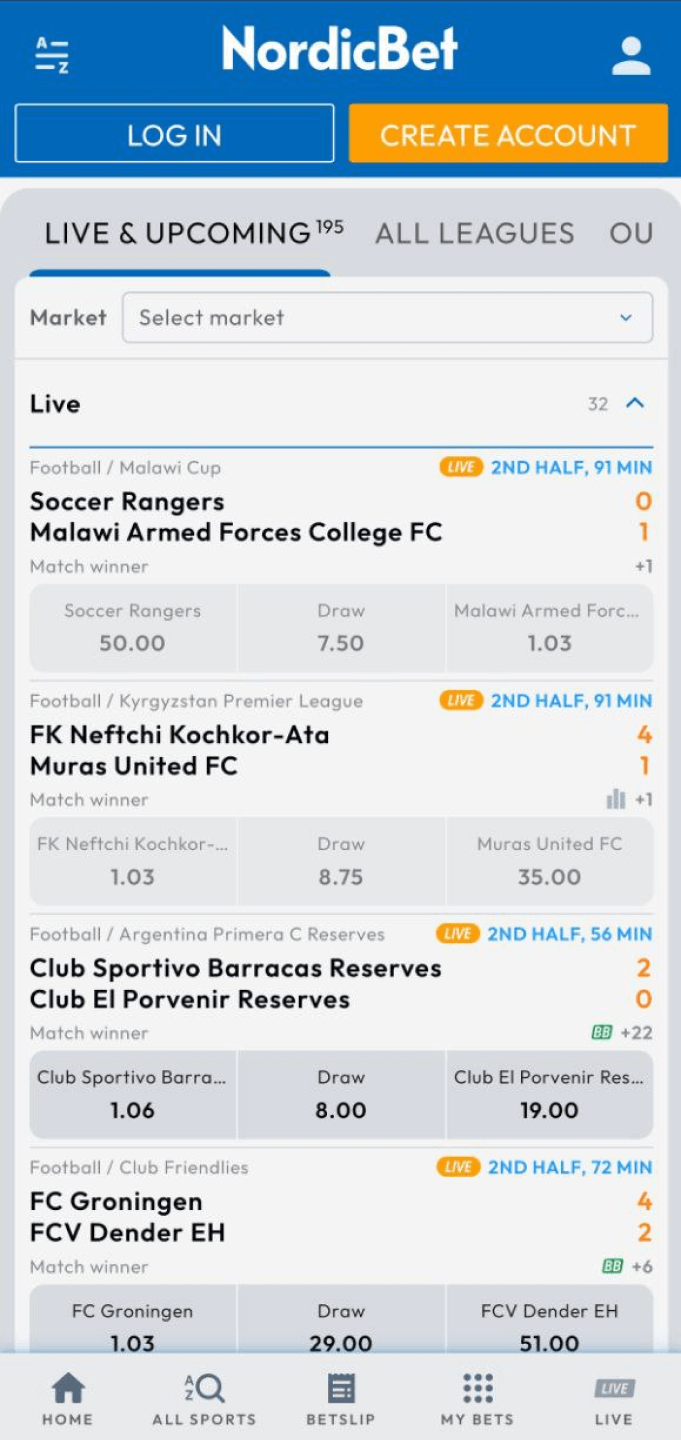 Screenshot of the football section in the NordicBet app