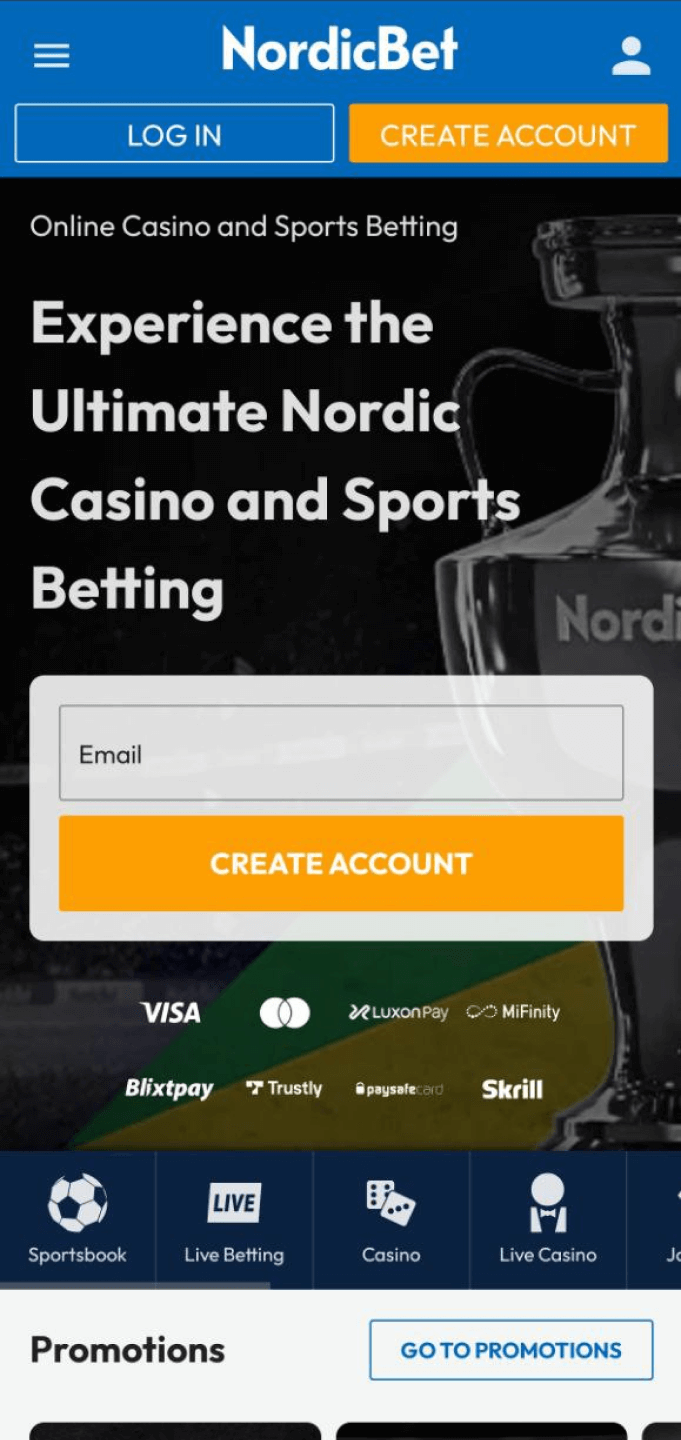 Screenshot of the NordicBet app homepage