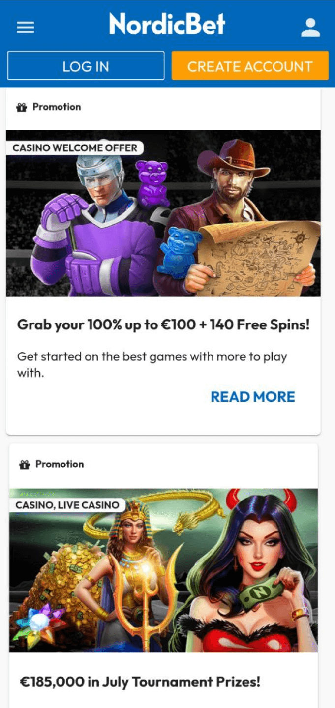 Screenshot of the promotion section in the NordicBet app