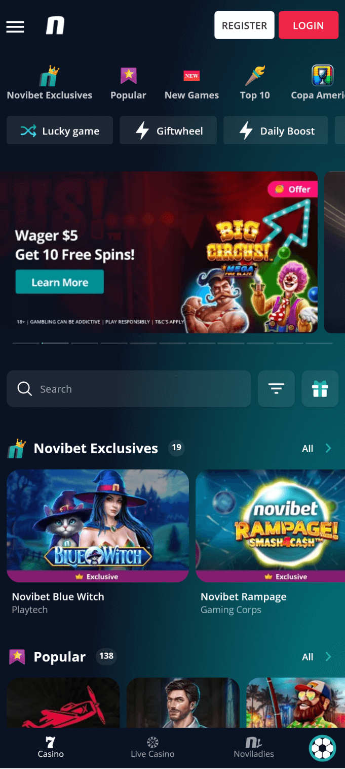 Screenshot of the casino section of the Novibet app