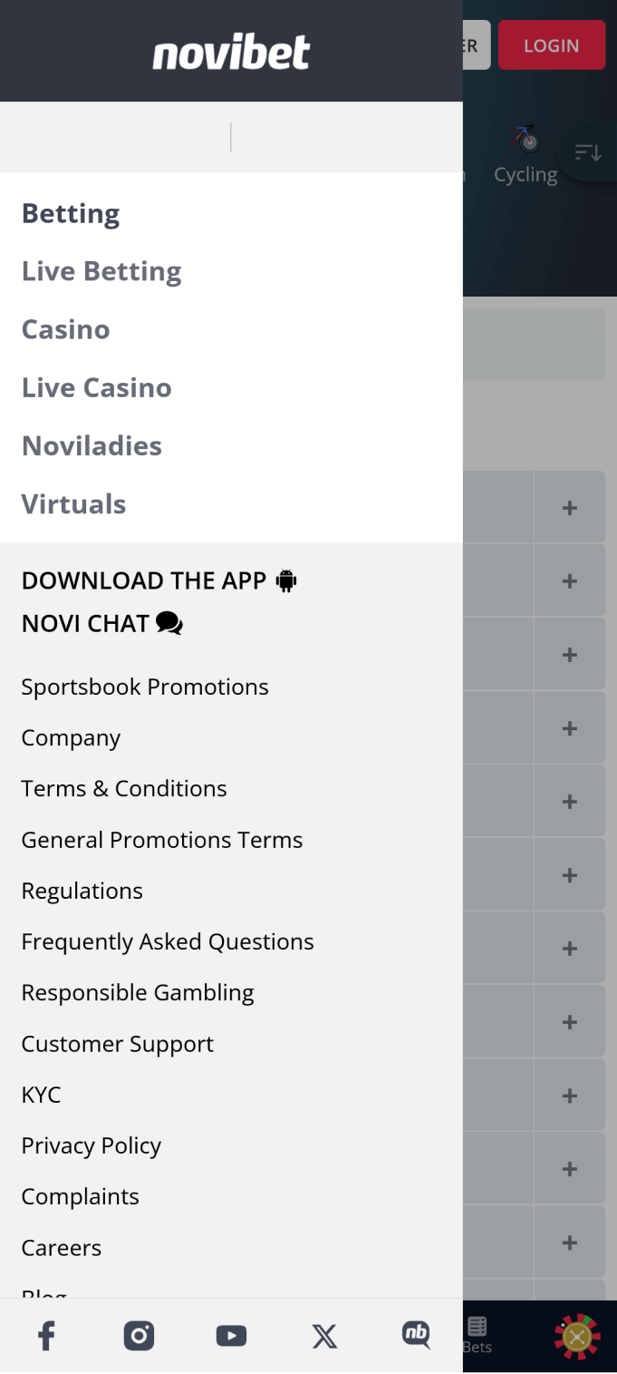 Screenshot of the menu in the Novibet app