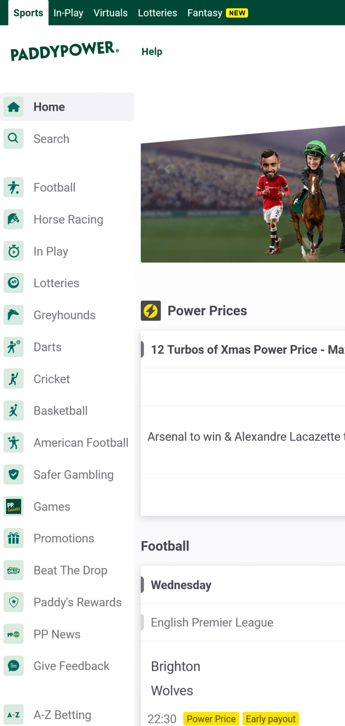 Screenshot of the menu in the Paddy Power app