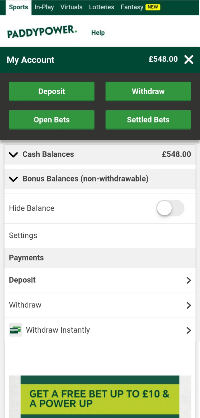 Screenshot of a personal account in the Paddy Power app