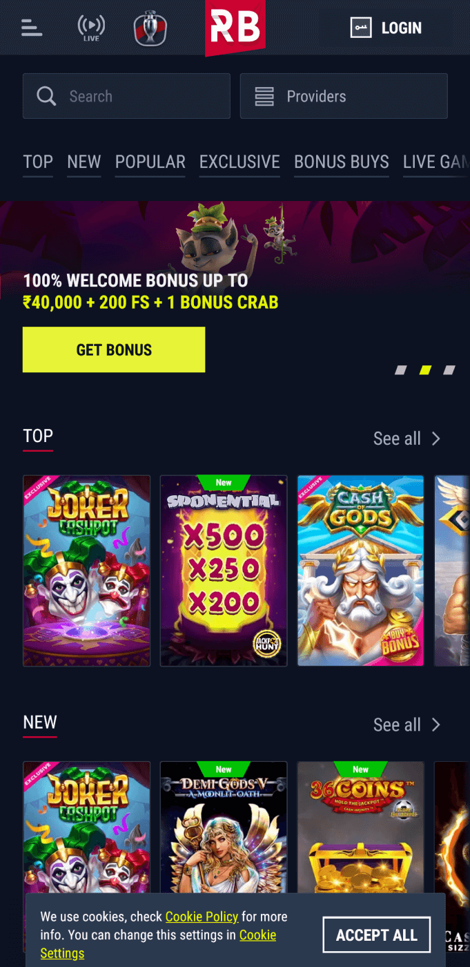 Screenshot of the casino section of the Rabona app