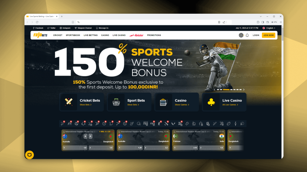 Screenshot of the main page of RajaBets website
