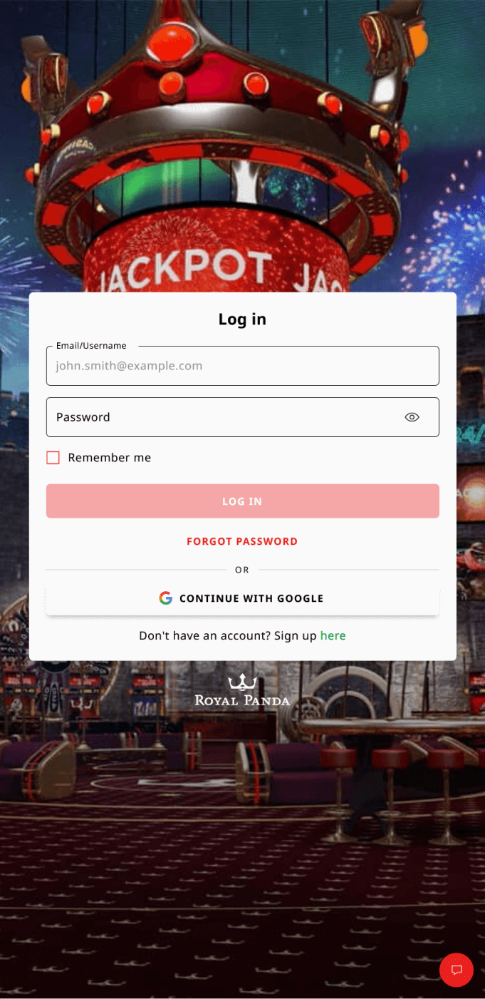 Screenshot of the login page in the Royal Panda app