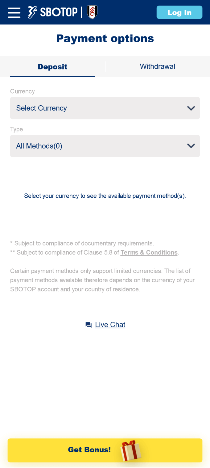 Screenshot of the payment methods section in the Sbotop app