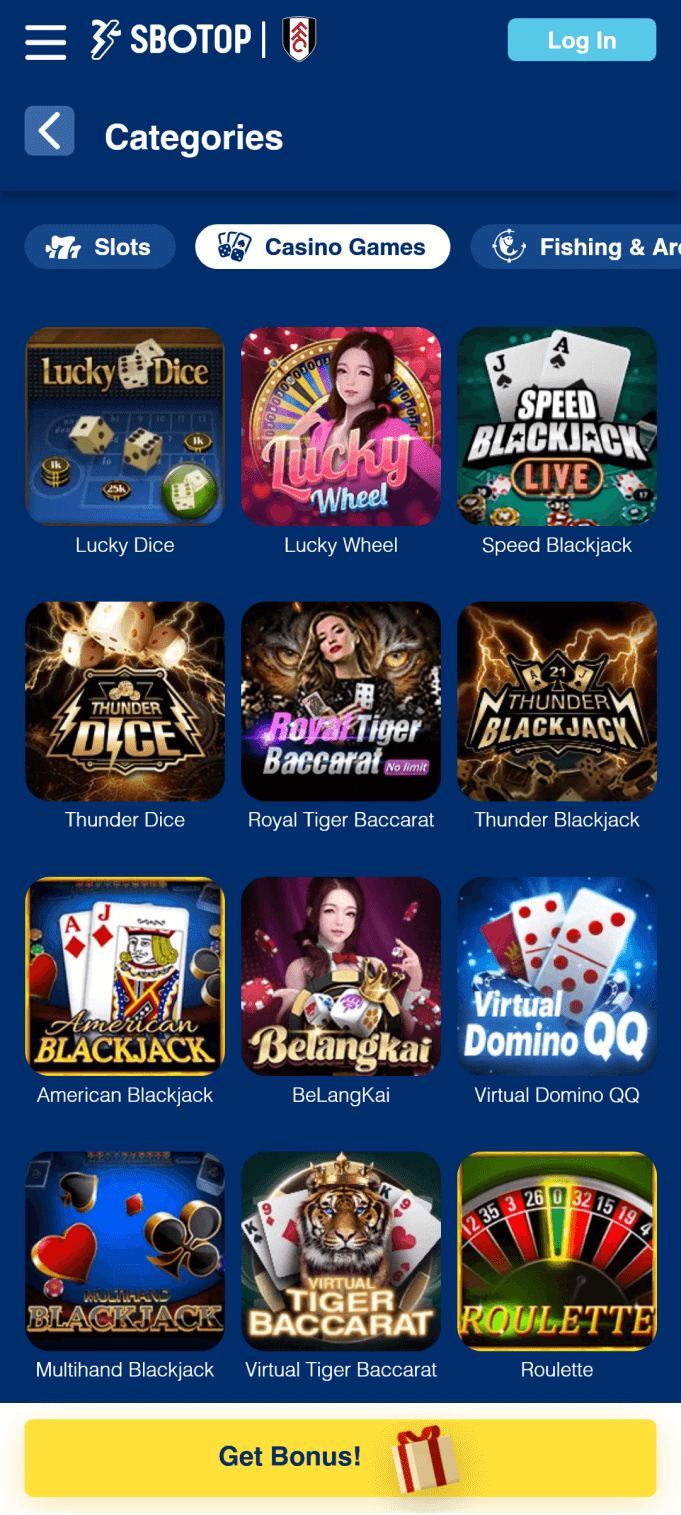 Screenshot of the slots section of the Sbotop app